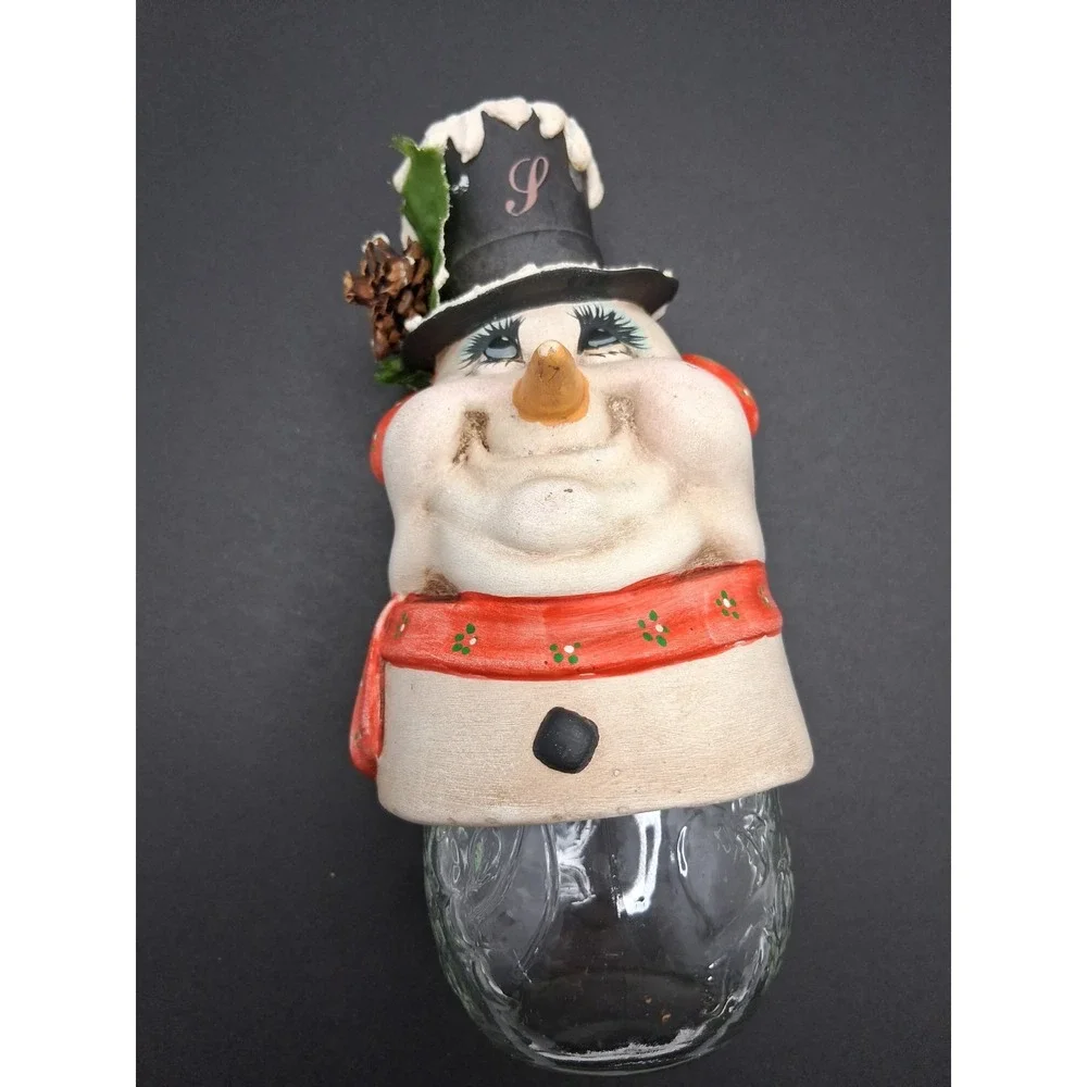 Vintage Snowman Glass Candy Jar Bank Christmas Decor Hand Painted